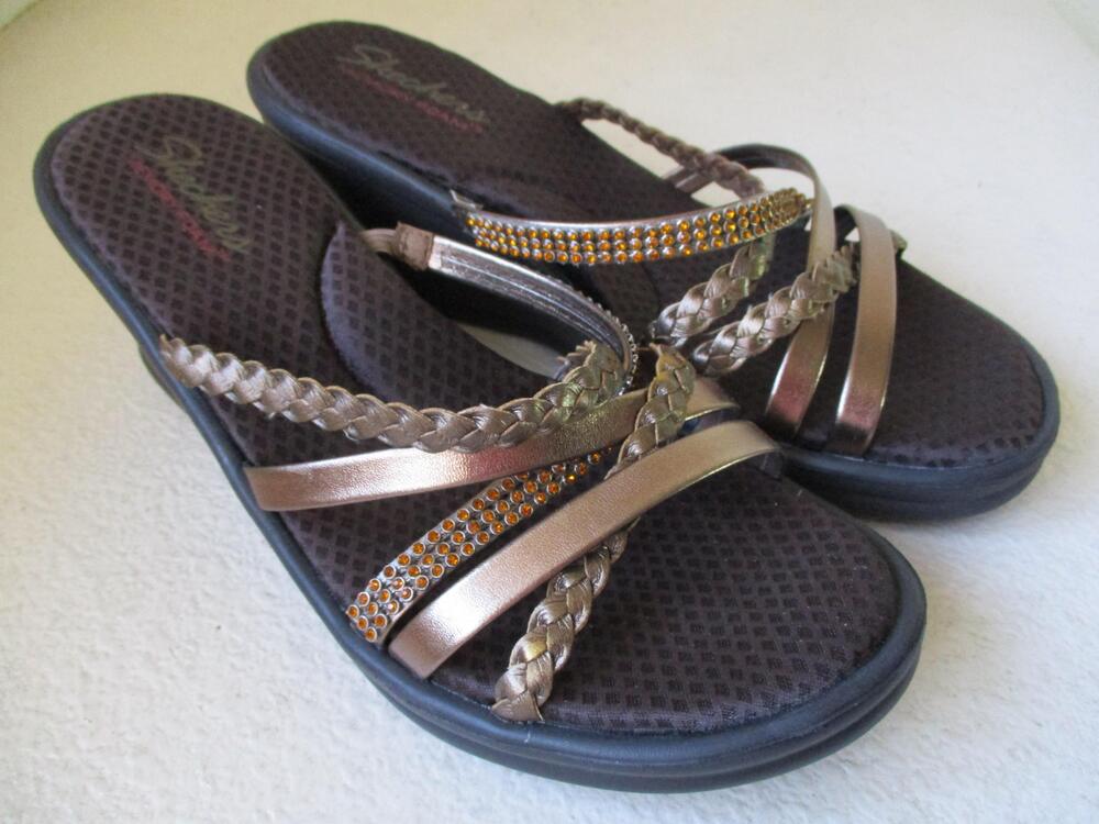 Skechers Sandals Women 10 Cali Rumblers Memory Foam Wedge Rhinestone Cushioned